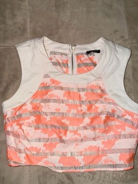 bebe White and Coral Striped Floral Crop Top